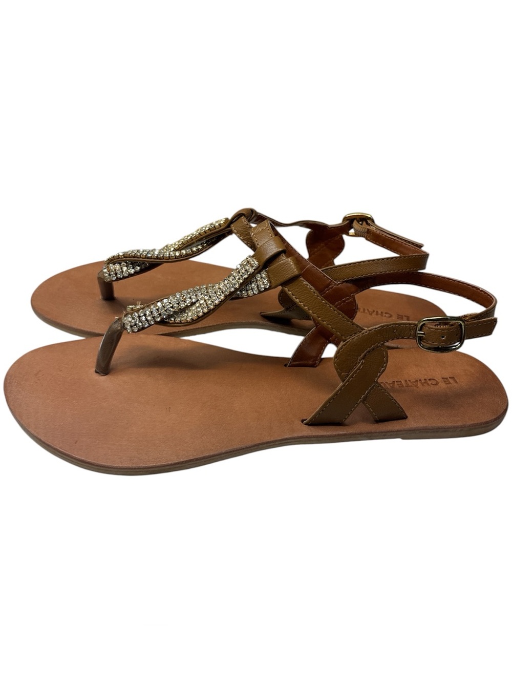 Le Château Brown Leather T-Strap Embellished Sandals, size 10